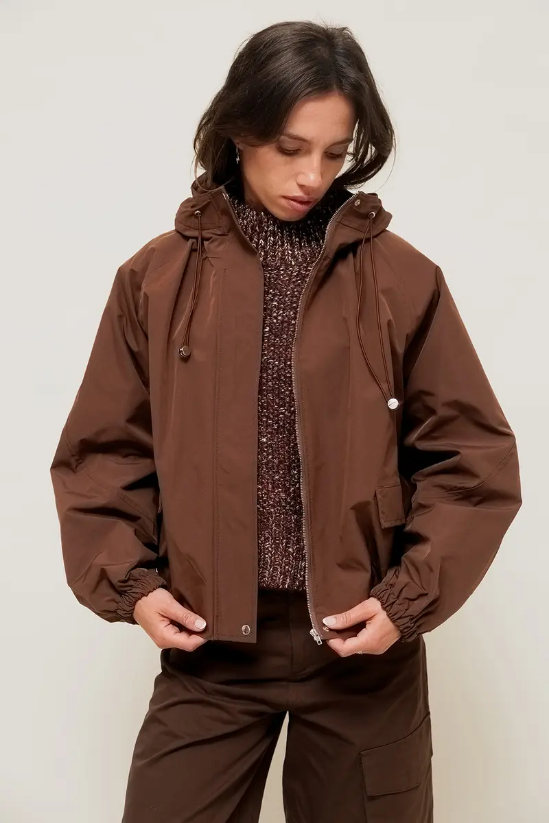 VELIANE - Parka Forme Balloon Marron à Capuche