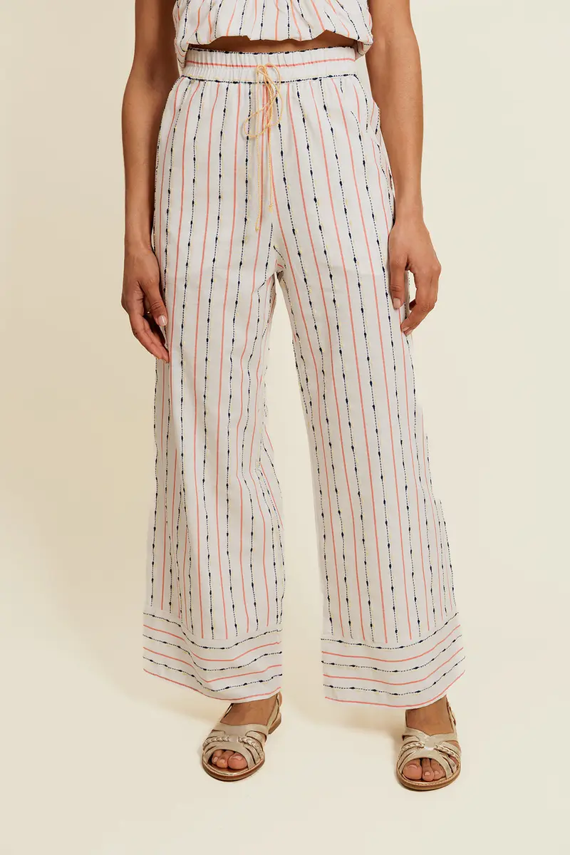 VÉLYSS - Pantalon Fluide Blanc en Coton Rayé