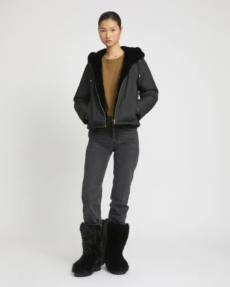 Veste à capuche en fourrure de lapin rex réversible tissu technique