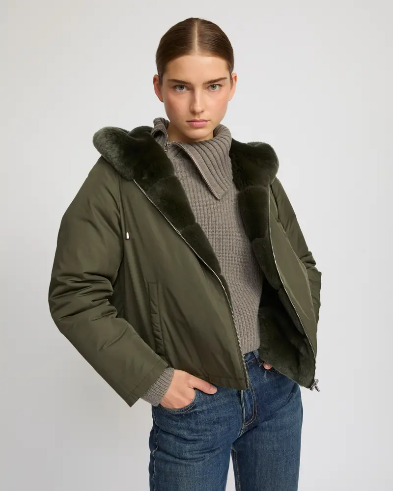 Veste à capuche en fourrure de lapin rex réversible tissu technique