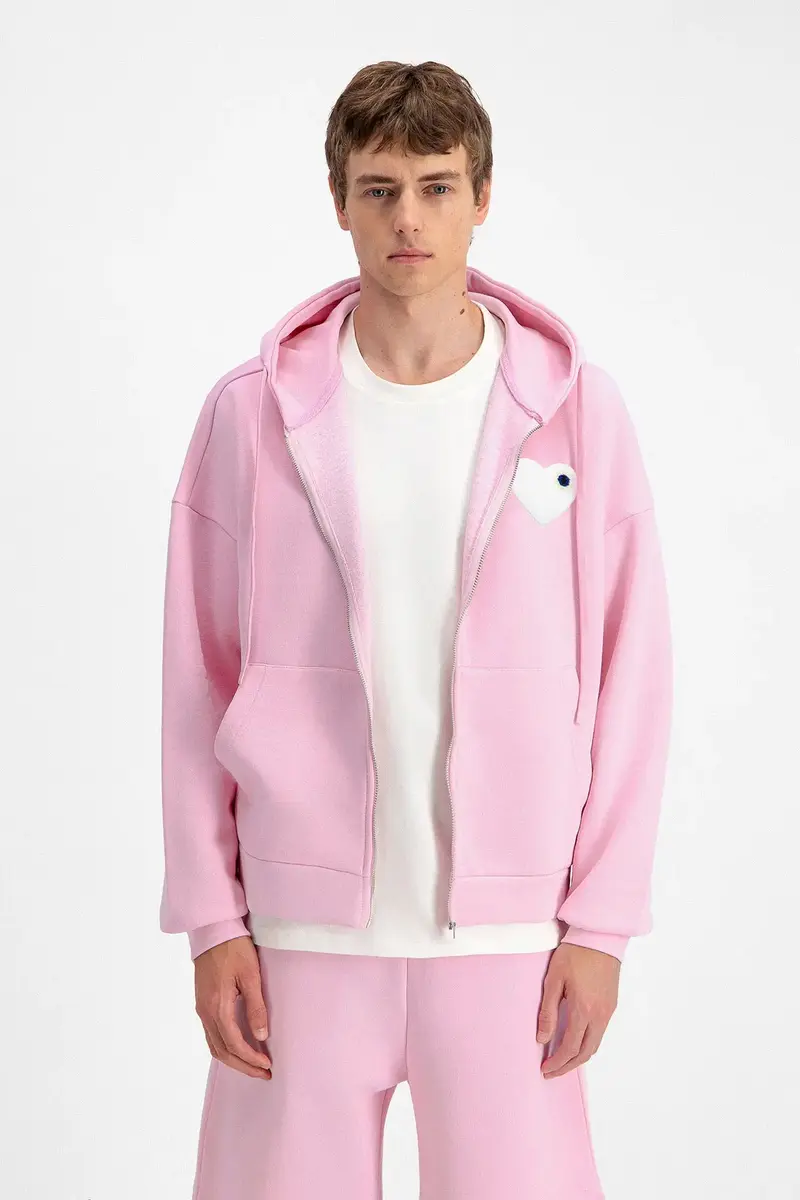 Veste à Capuche Rose Coeur Blanc Brodé Streetwear