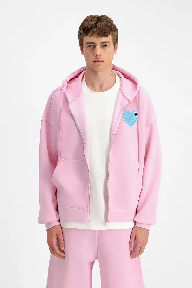 Veste à Capuche Rose Coeur Bleu Brodé Streetwear