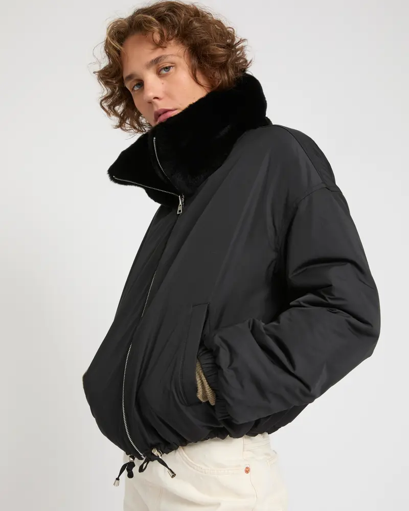 Veste boxy en fourrure de lapin rex réversible et tissu technique