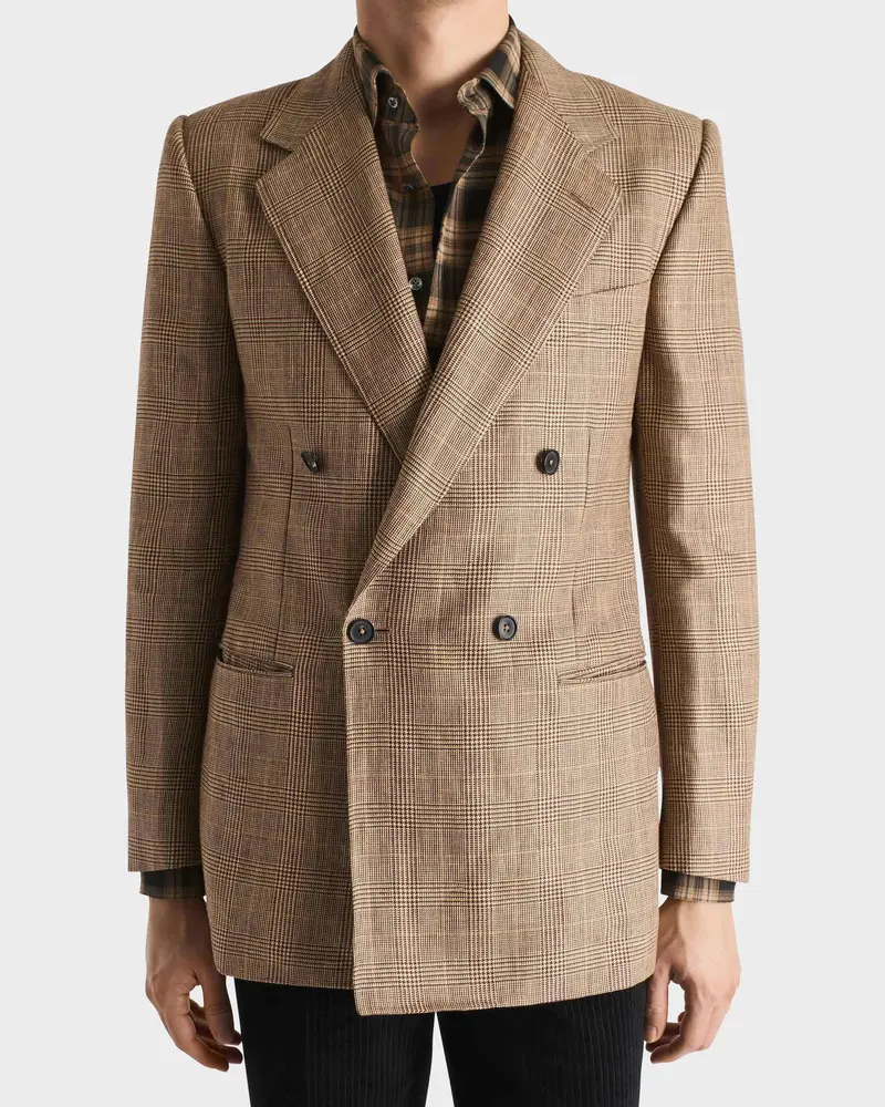 VESTE CROISÉE EN SERGÉ DE LAINE PEIGNÉE ET LIN - CAMEL ET MARRON PRINCE DE GALLES