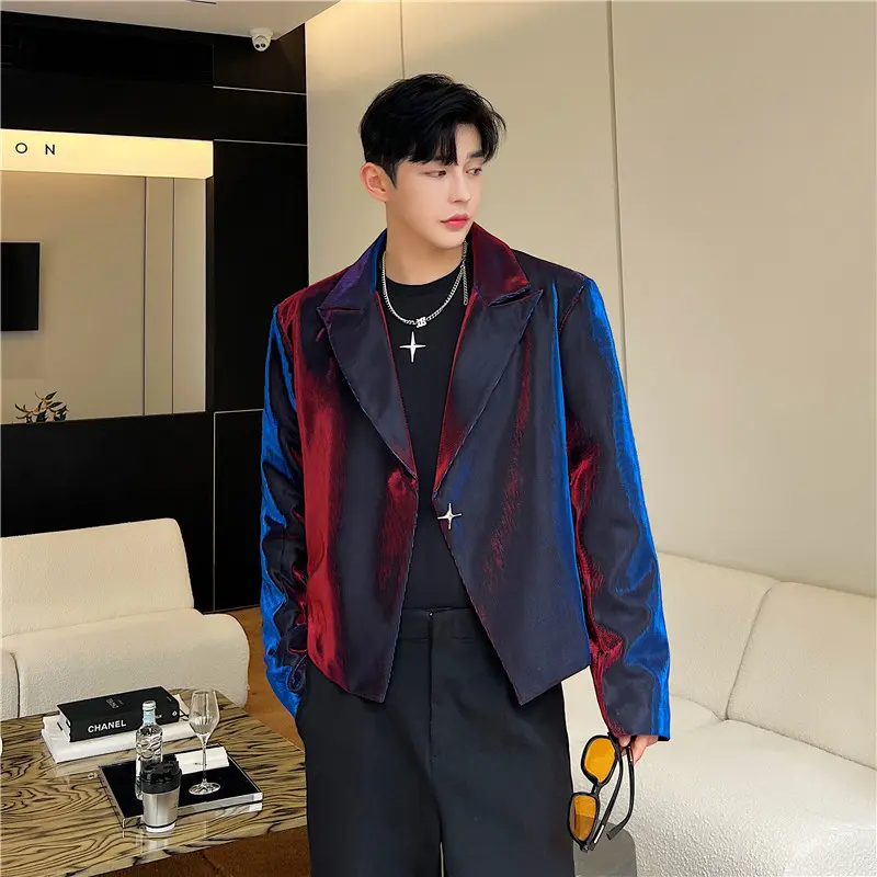 Veste de Tailleur Brillante Cintrée Style Défilé Color Block – Or & Rouge M–XL