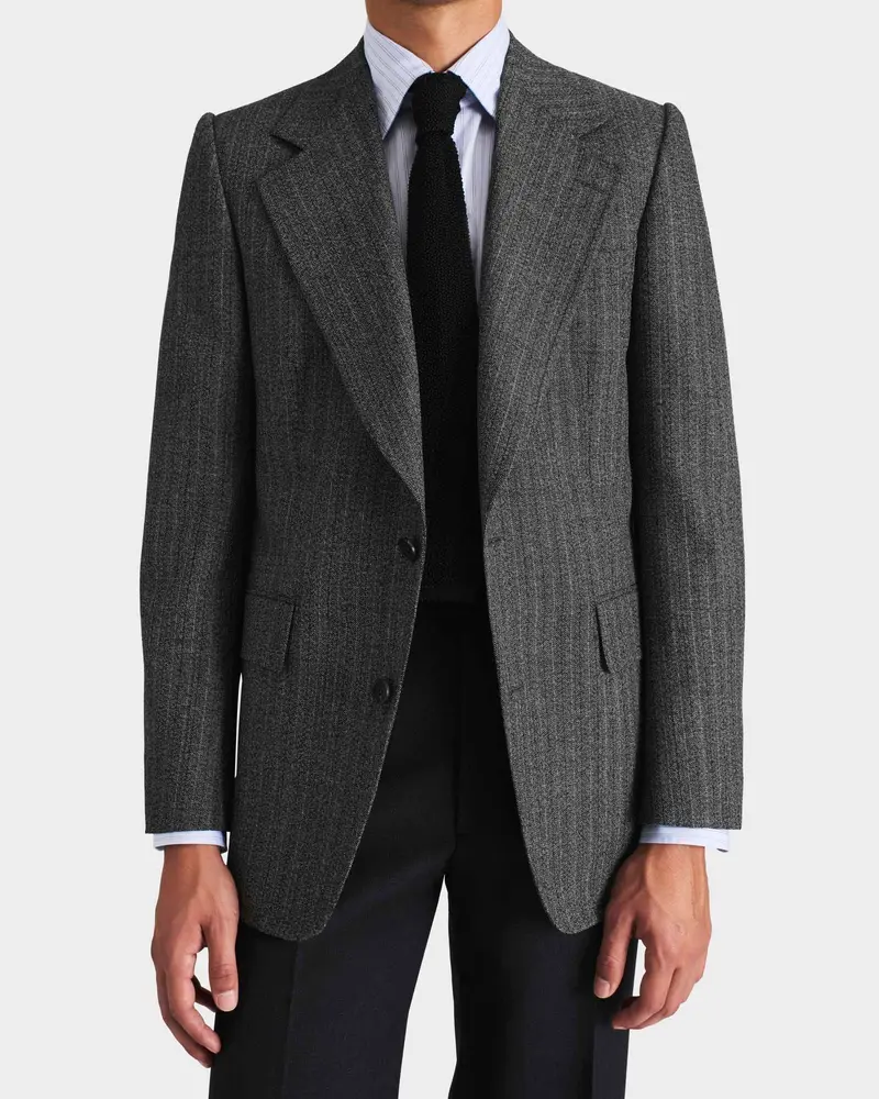 VESTE DROITE EN SERGÉ DE LAINE ET MOHAIR 2-PLY - CHEVRONS NOIR ET GRIS