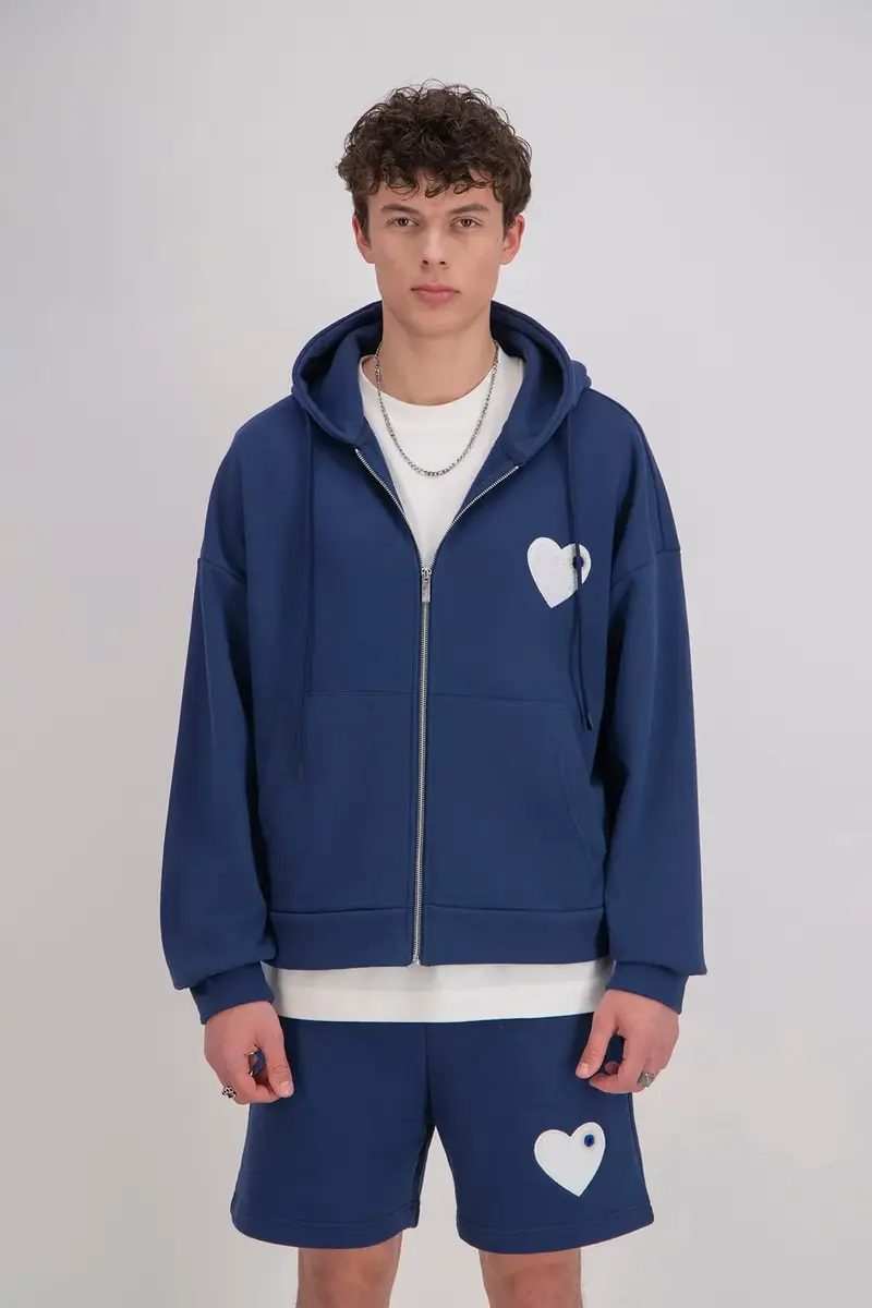 Veste Marine Coeur Blanc avec capuche et fermeture Zip