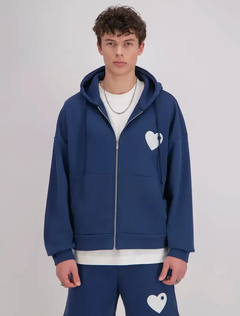 Veste marine Coeur blanc avec capuche et fermeture Zip