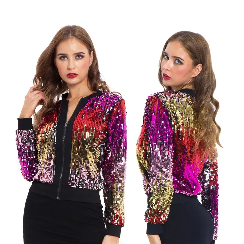 Veste Pull Femme à Sequins Dégradés – Coupe Slim Col V Fermeture Zip Manches Longues