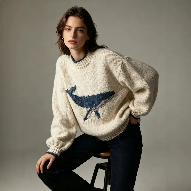 Vintage Whale Jacquard Sweater For Women