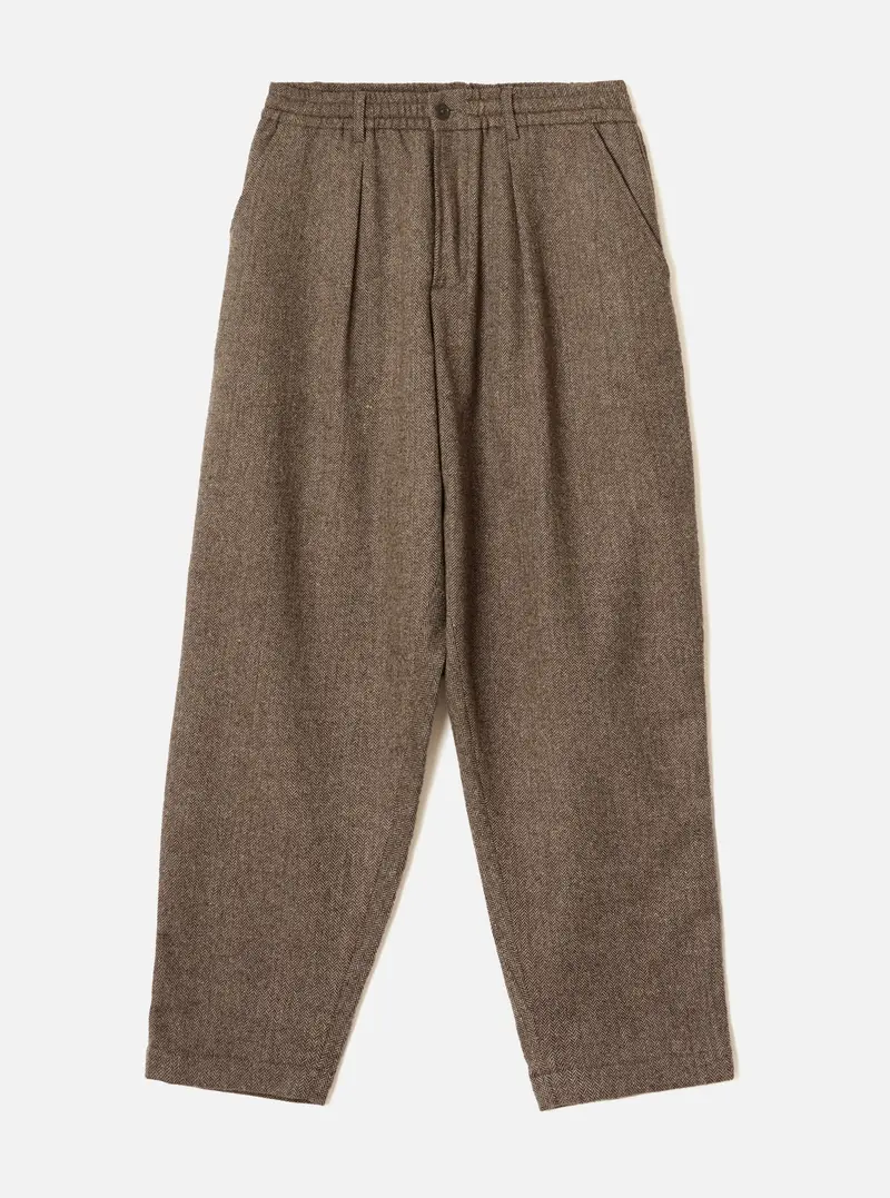 Wool Herringbone Pleated Track Pant - Brown
