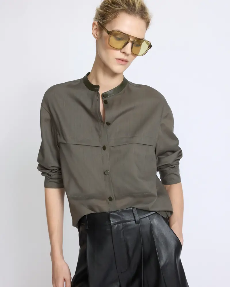Wool voile shirt with leather details