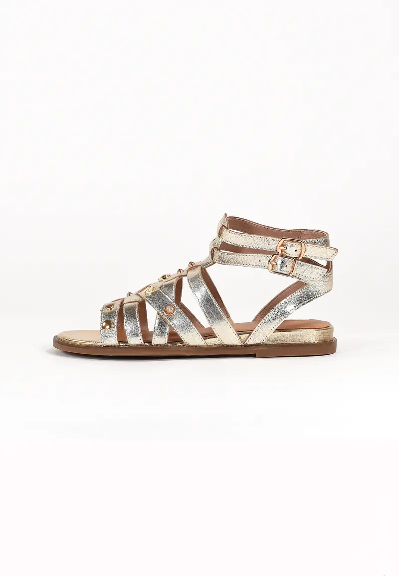 YASMINE - Sandale Plate en Cuir Doré/Platine