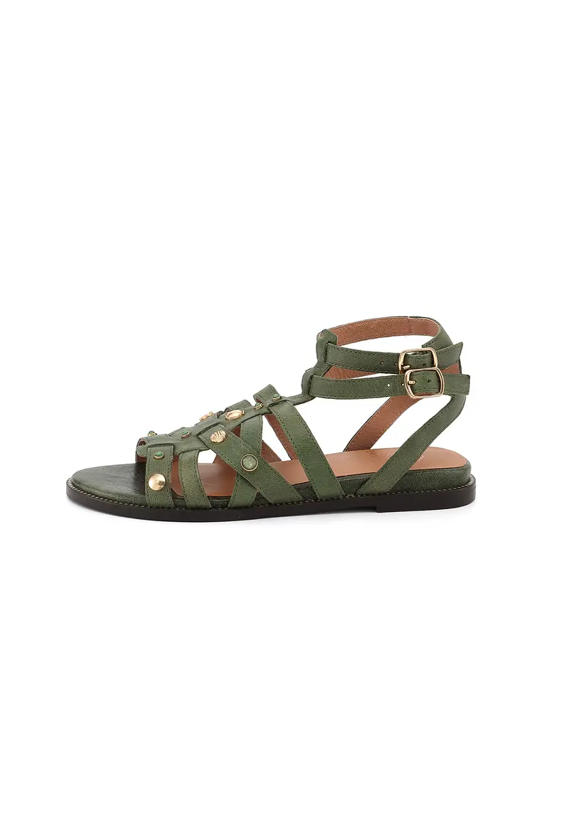 YASMINE - Sandale Plate en Cuir Vert