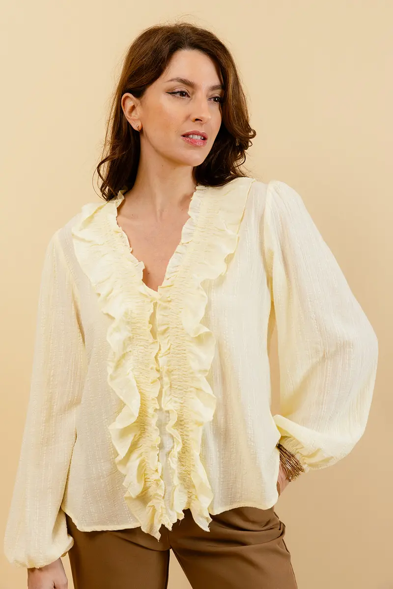 YOLÈNE - Blouse Unie Jaune à Col V et Froufrous