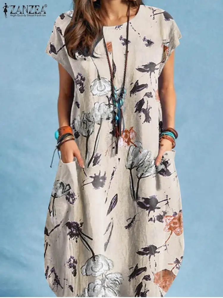 ZANZEA-Robe de plage mi-longue à manches courtes pour femmes, vintage, vacances, bohème, éducatif, imprimé floral, mode, été