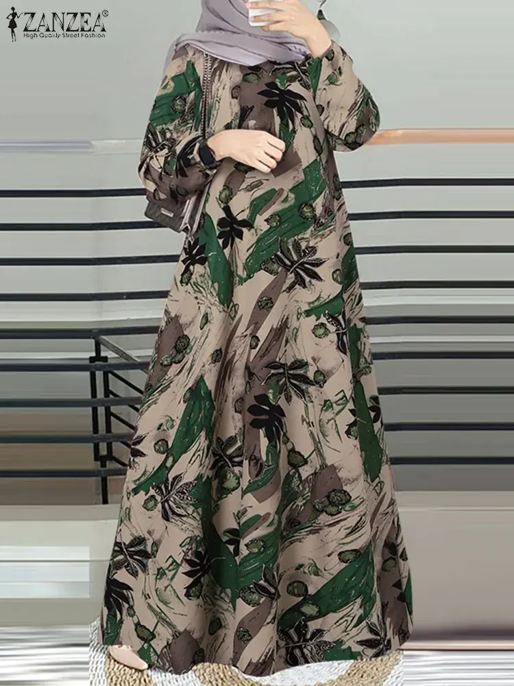 ZANZEA-Robe vintage élégante à manches longues pour femmes musulmanes, vêtements islamiques de Dubaï, imprimé floral, Turquie Abaya Hijab, robe d'été, 2024