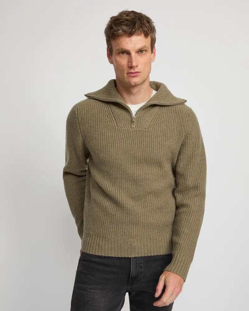 Zip-front cashmere wool sweater trucker collar