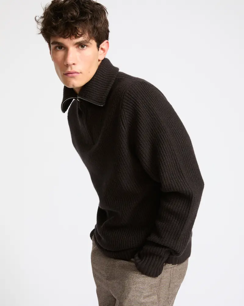 Zip-front cashmere wool trucker collar sweater
