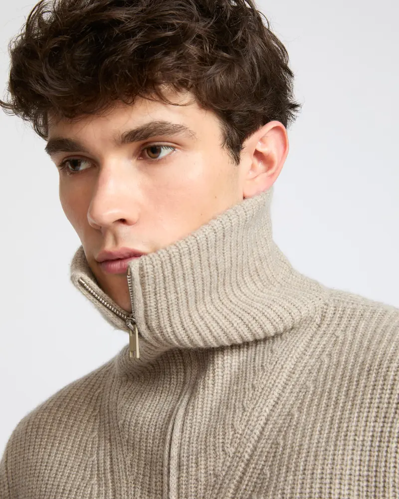 Zip-front cashmere wool trucker collar sweater